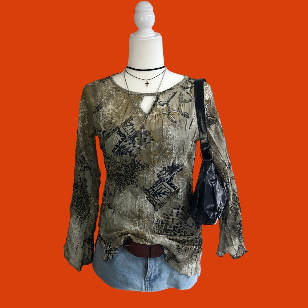 Vintage Y2K Sheer Crinkled Mesh Keyhole Fairy Grunge Top Womens M Olive Green